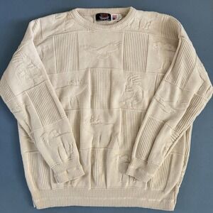 Vintage Brimwick Moose Eagle Patchwork Cream Cotton Crewneck Sweater USA Made